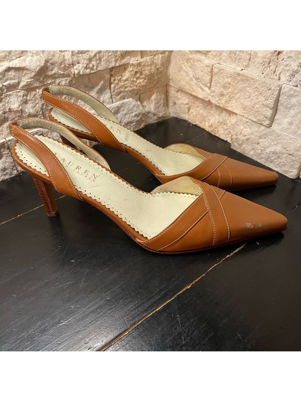 Lauren Ralph Lauren Lolah Burnished Leather Tan Slingback Women's Pumps